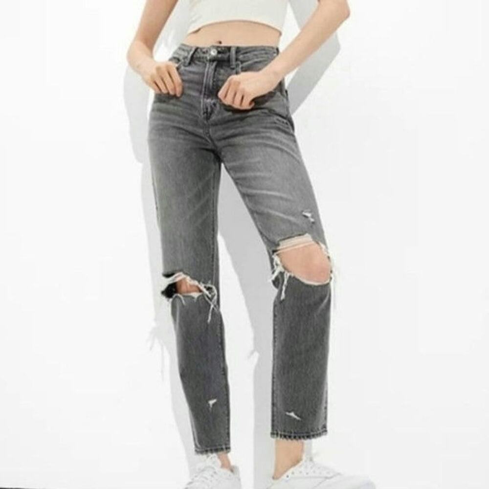American Eagle NWT Highest Rise Mom Jeans Distressed Black Wash 16 33W